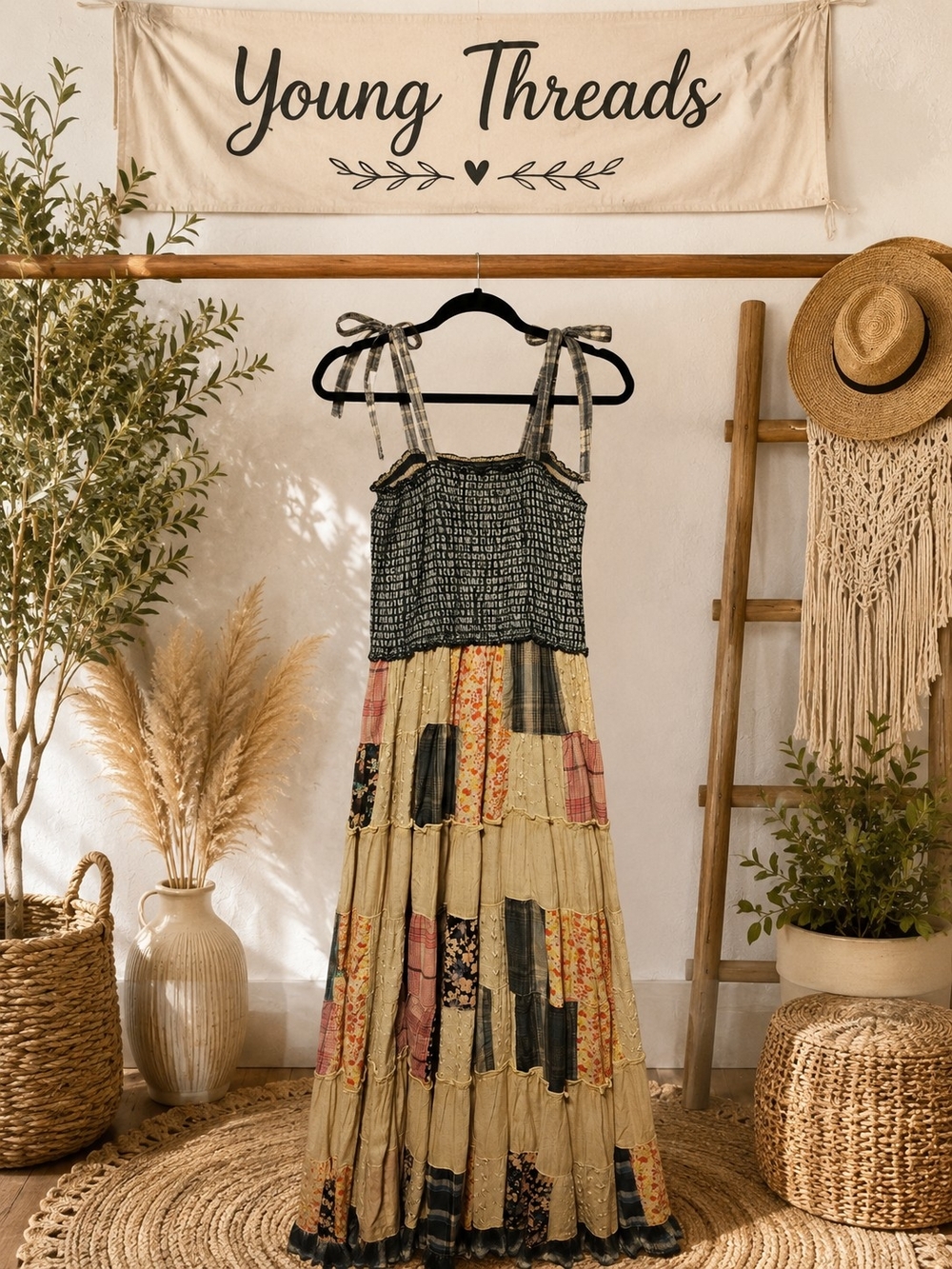 217 Young Threads Women’s Patchwork Midi Dress — Beige Multi